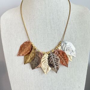 Vintage Mixed Metal Tones Pressed Leaf Statement Bib Necklace Copper Gold Silver